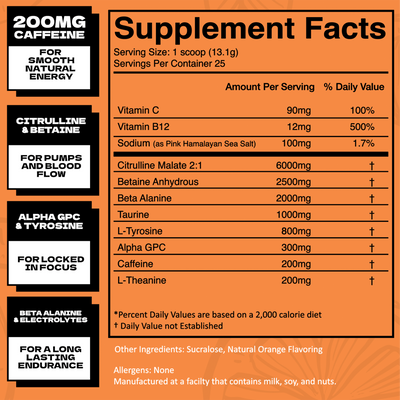 Orion PRE supplement facts label