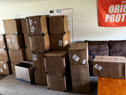1,800 shaker bottles where the couch should be